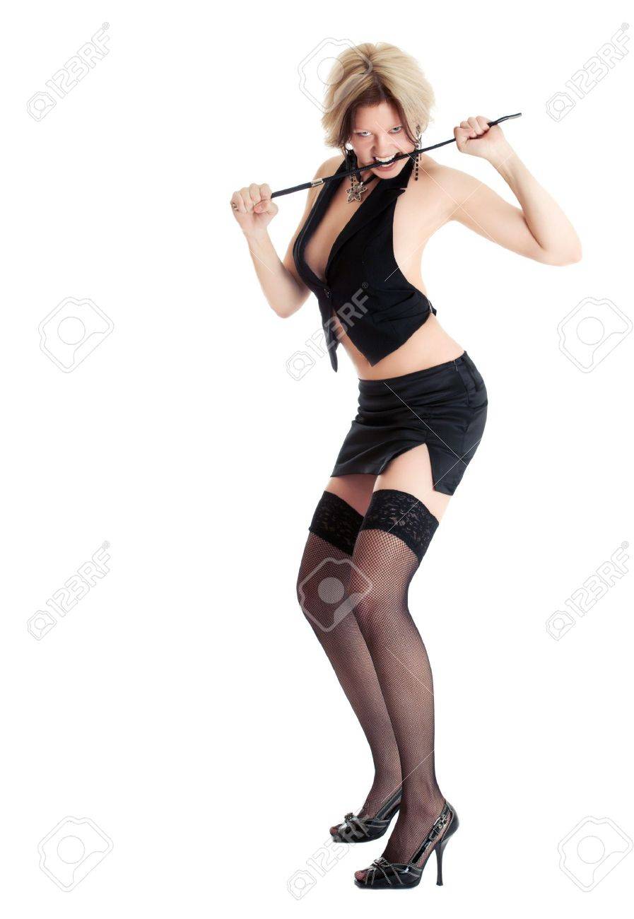 Brunette with whip posing