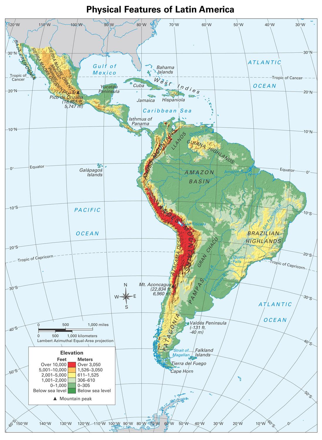 Latin america physical map